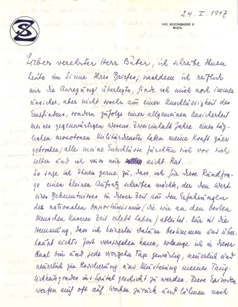 Zweig's Letter to Martin Buber,  24.1.1917, p.1, NLI